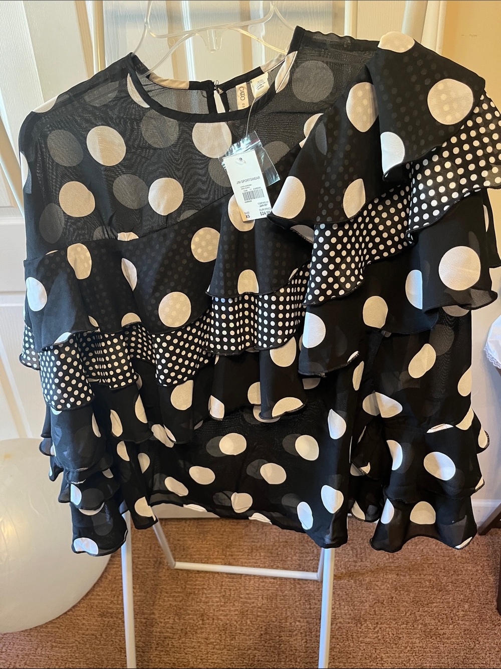 Cato Black & White Polka Dot Ruffle Blouse PTP8” L 23”